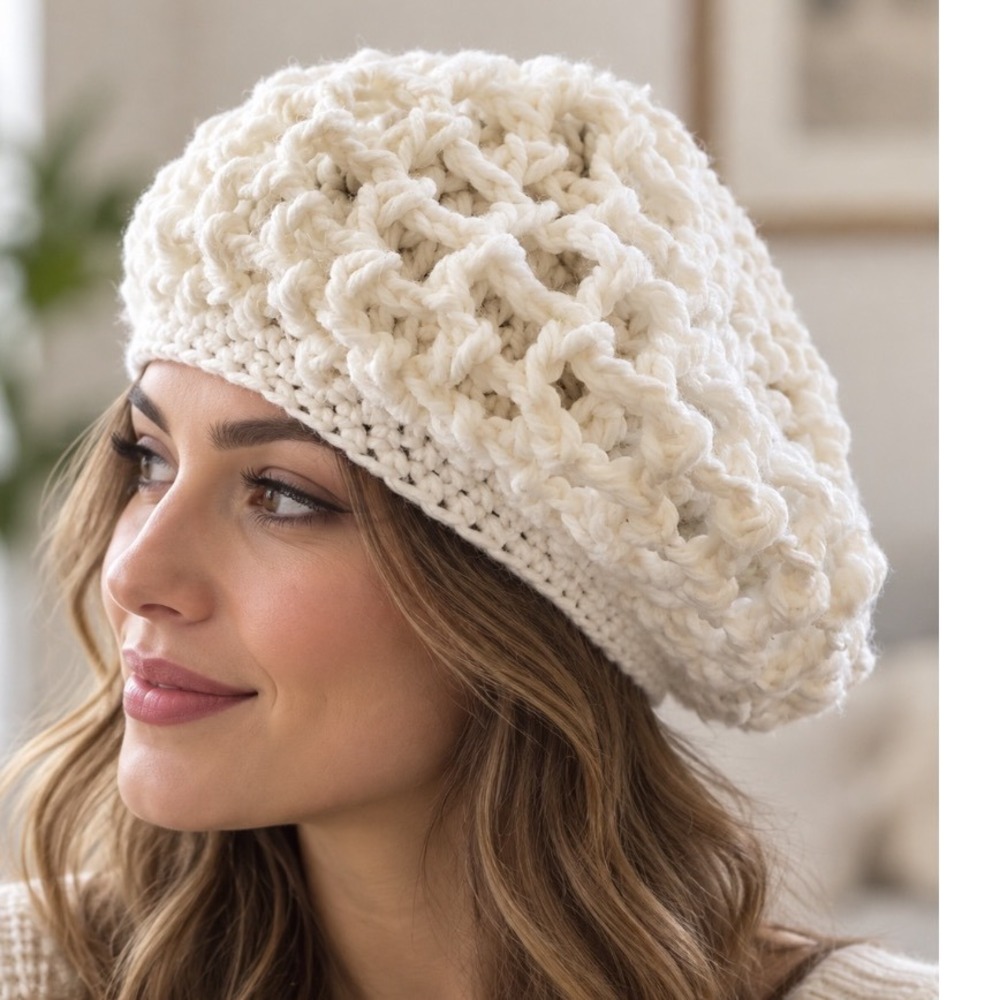 Handmade Chunky Crochet Beret Slouchy Waffle Knit Beanie Cream Off White